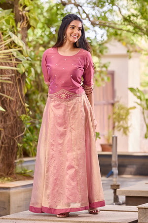 Monochromatic Mauve Crop Top with Scalloped Hem- Foil Mirror Work