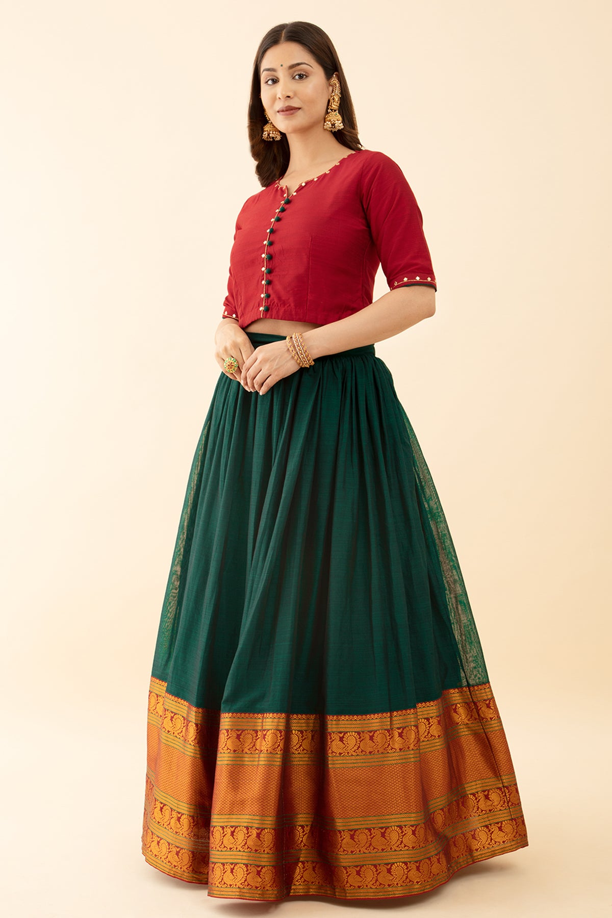 Mangalagiri Skirt Set Embroidered Design with Potli Buttons