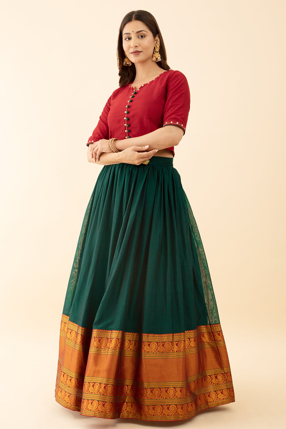 Mangalagiri Skirt Set Embroidered Design with Potli Buttons