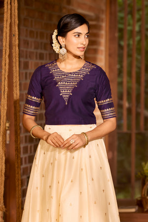 Dark Purple Printed Crop Top with Foil Mirror & Off-White Floral Skirt Set