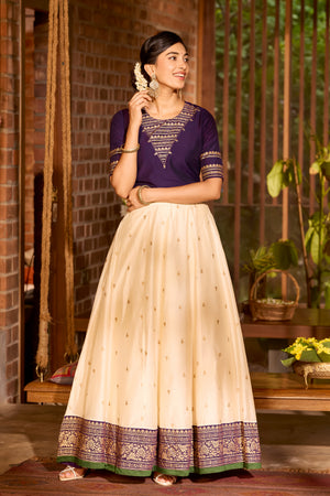Dark Purple Printed Crop Top with Foil Mirror & Off-White Floral Skirt Set
