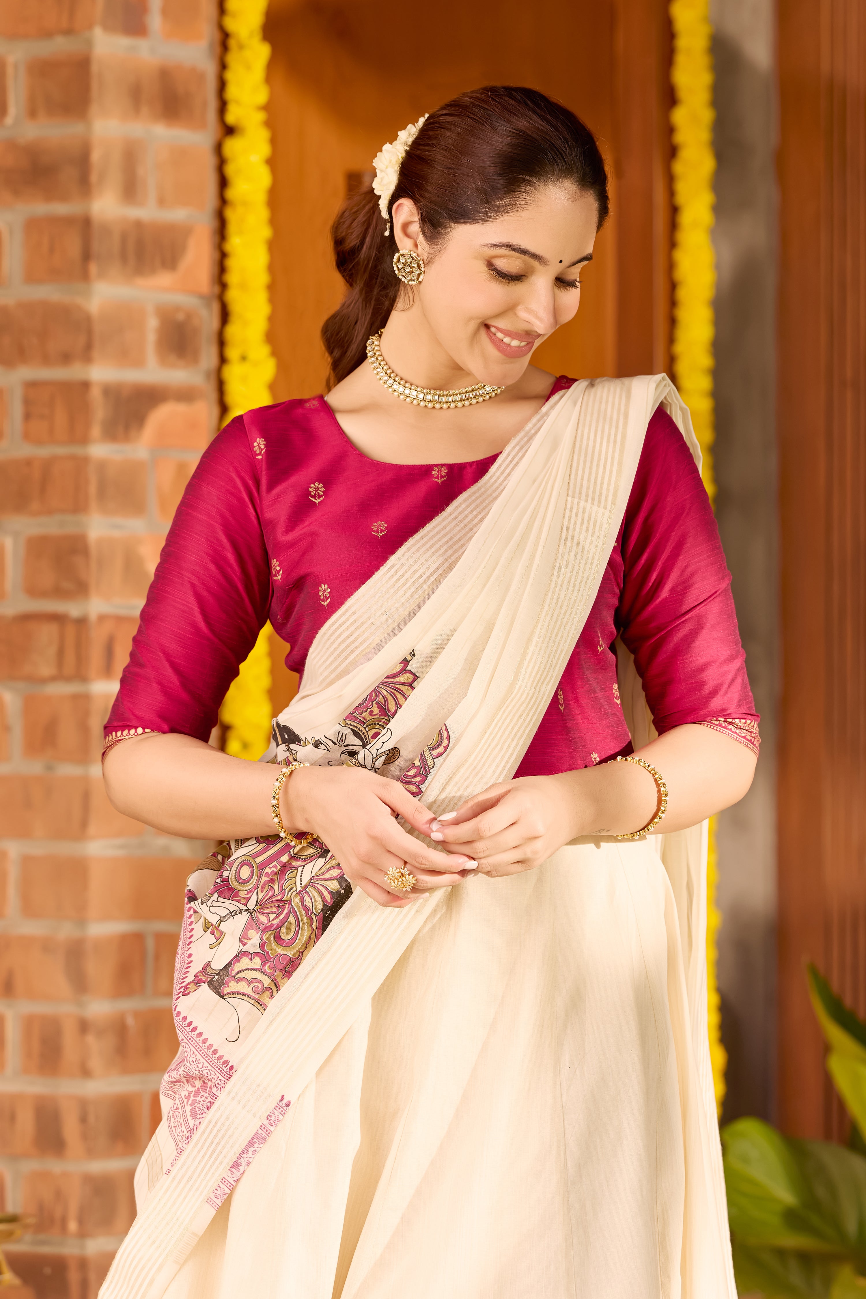 Magenta & Off-White Crop Top with Mural Printed Skirtset & Dupatta