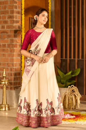 Magenta Crop Top with Mural Print Skirt & Kota Dupatta