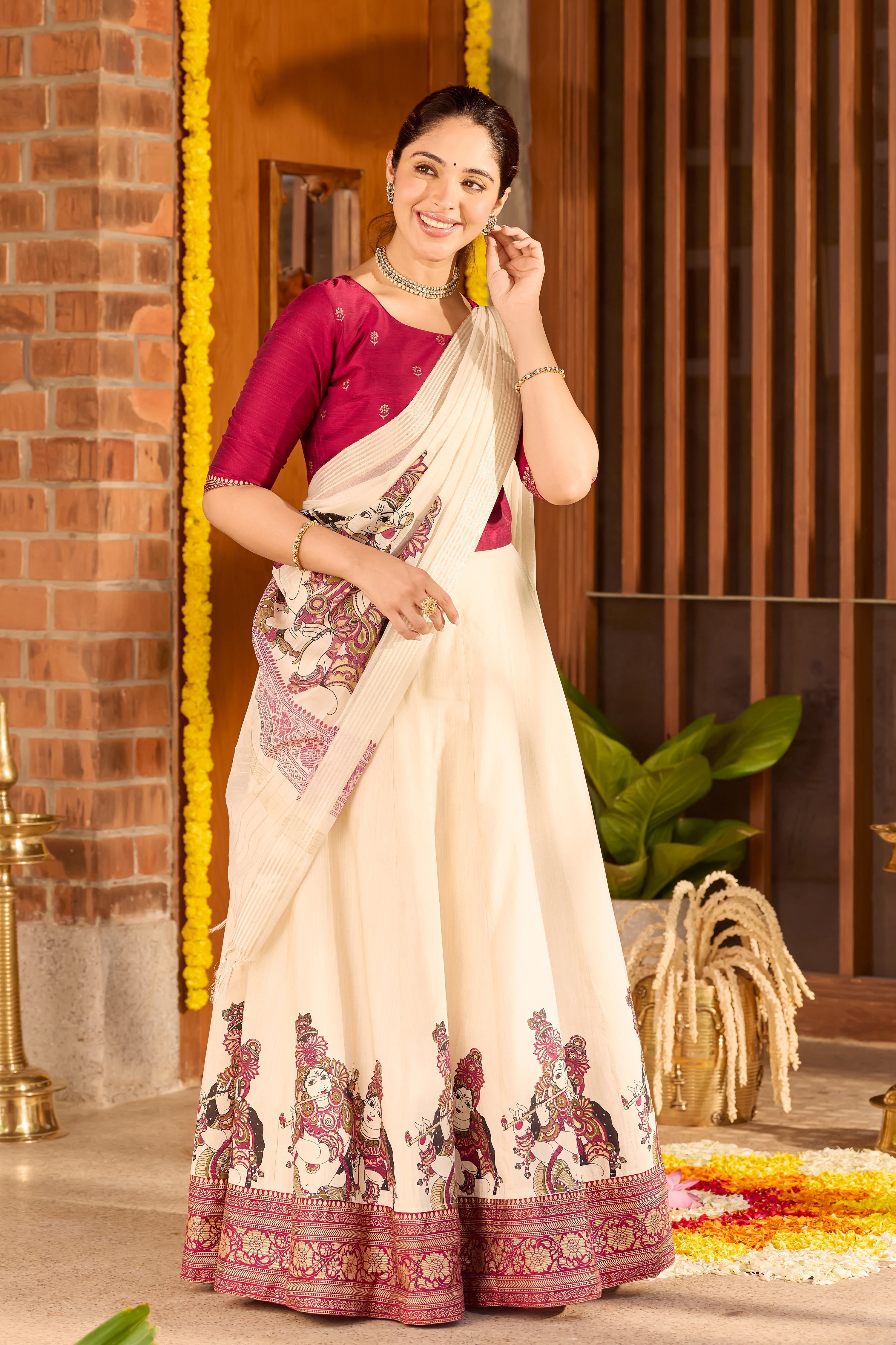 Magenta Crop Top with Mural Print Skirt & Kota Dupatta