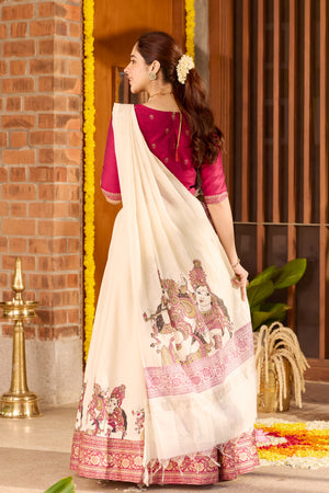 Magenta Crop Top with Mural Print Skirt & Kota Dupatta