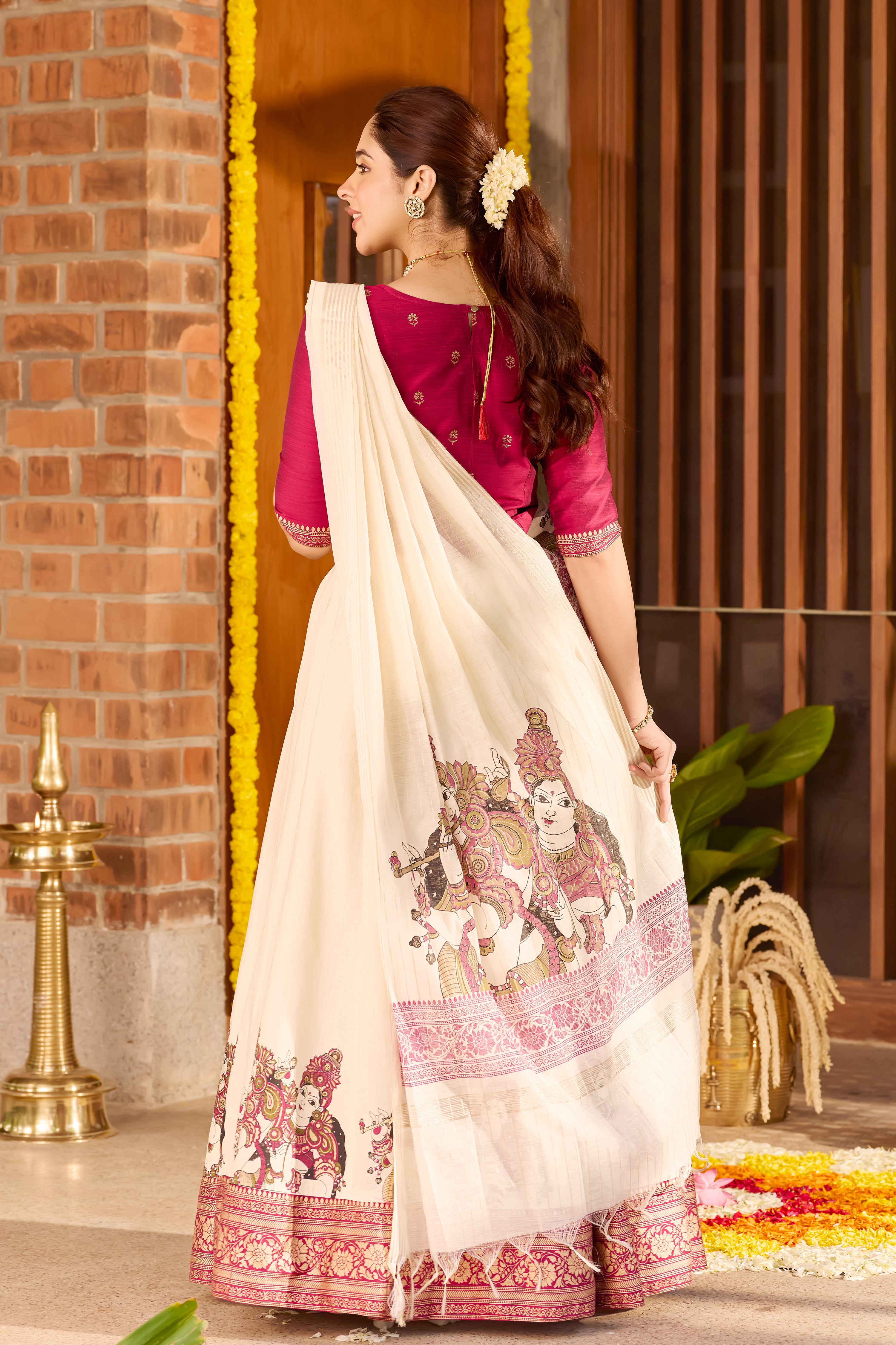 Magenta Crop Top with Mural Print Skirt & Kota Dupatta