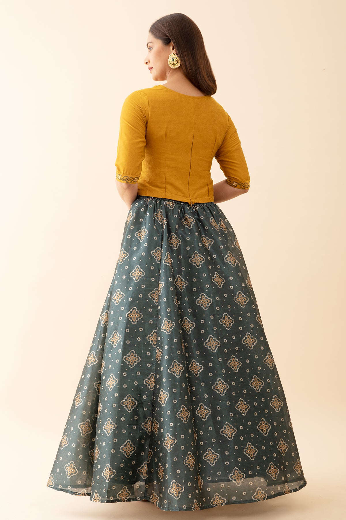 Bandhani Printed Skirtset with Printed Yoke - Mustard & Green