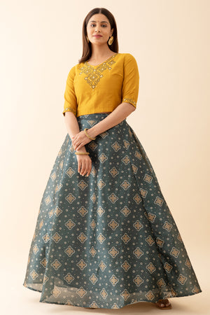 Bandhani Printed Skirtset with Printed Yoke Mustard Green