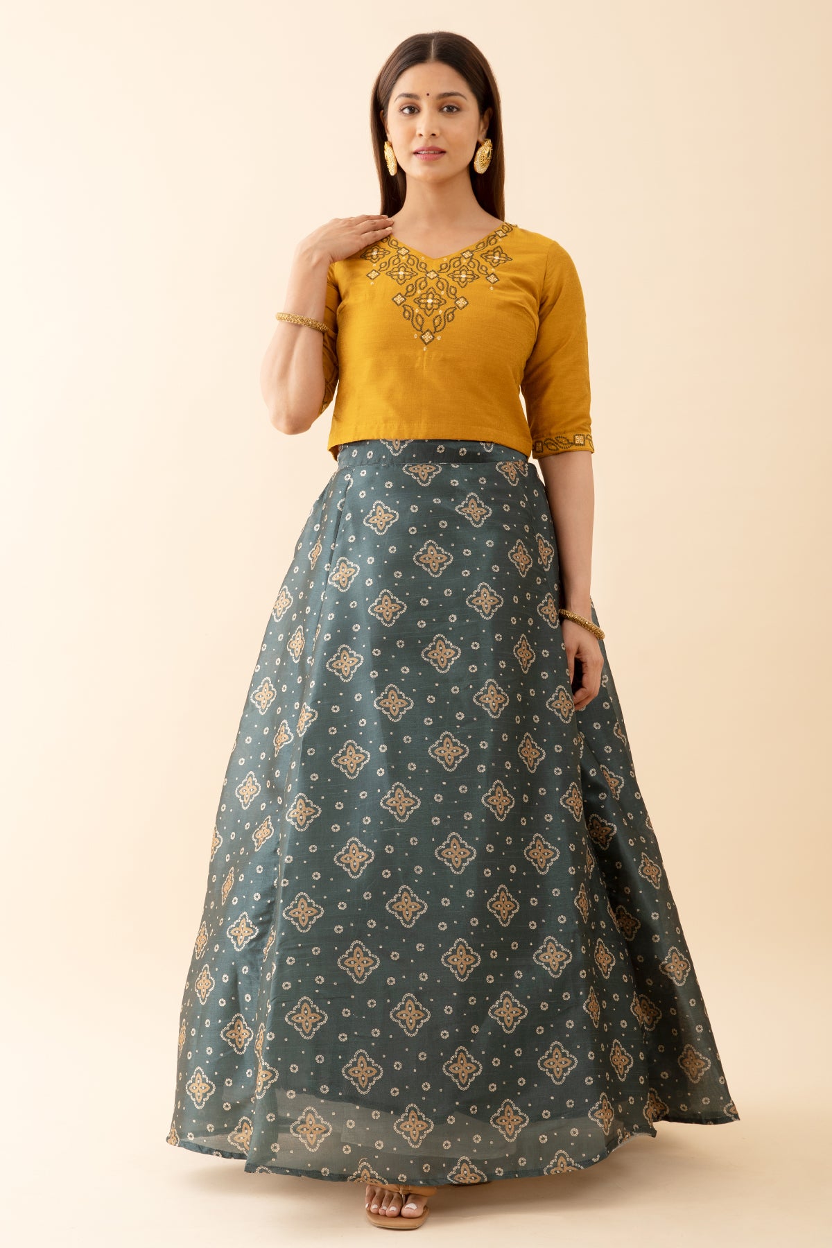 Bandhani Printed Skirtset with Printed Yoke Mustard Green