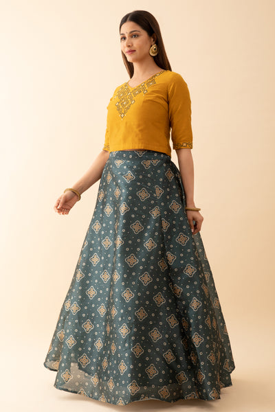 Bandhani Printed Skirtset with Printed Yoke - Mustard & Green