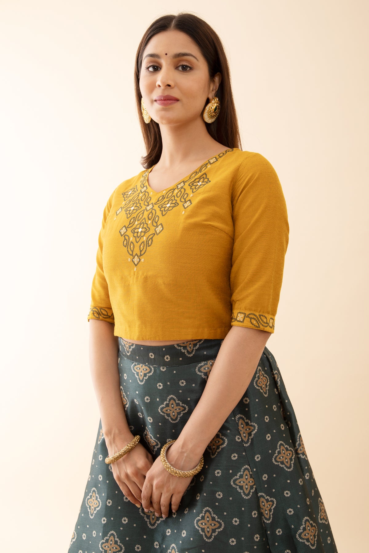 Bandhani Printed Skirtset with Printed Yoke Mustard Green