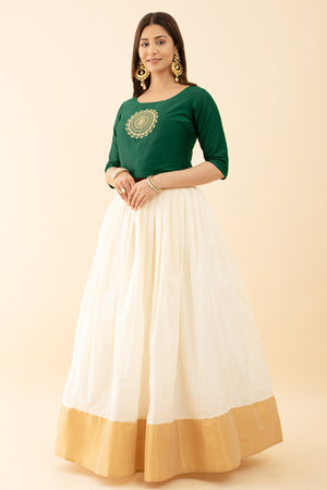 Mandala Embroidered Skirtset - Green & Off-White