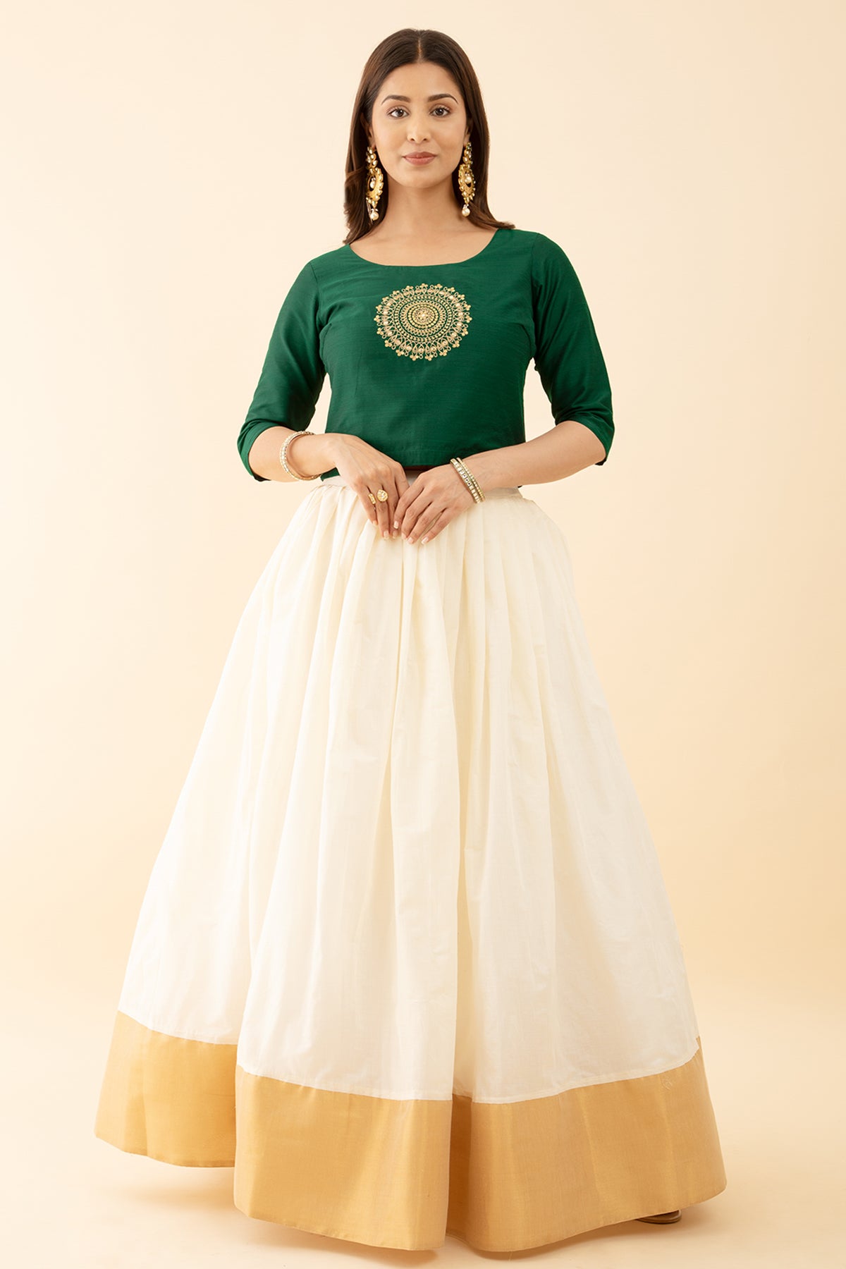 Trendy Off White Green Skirt Set with Mandala Embroidery