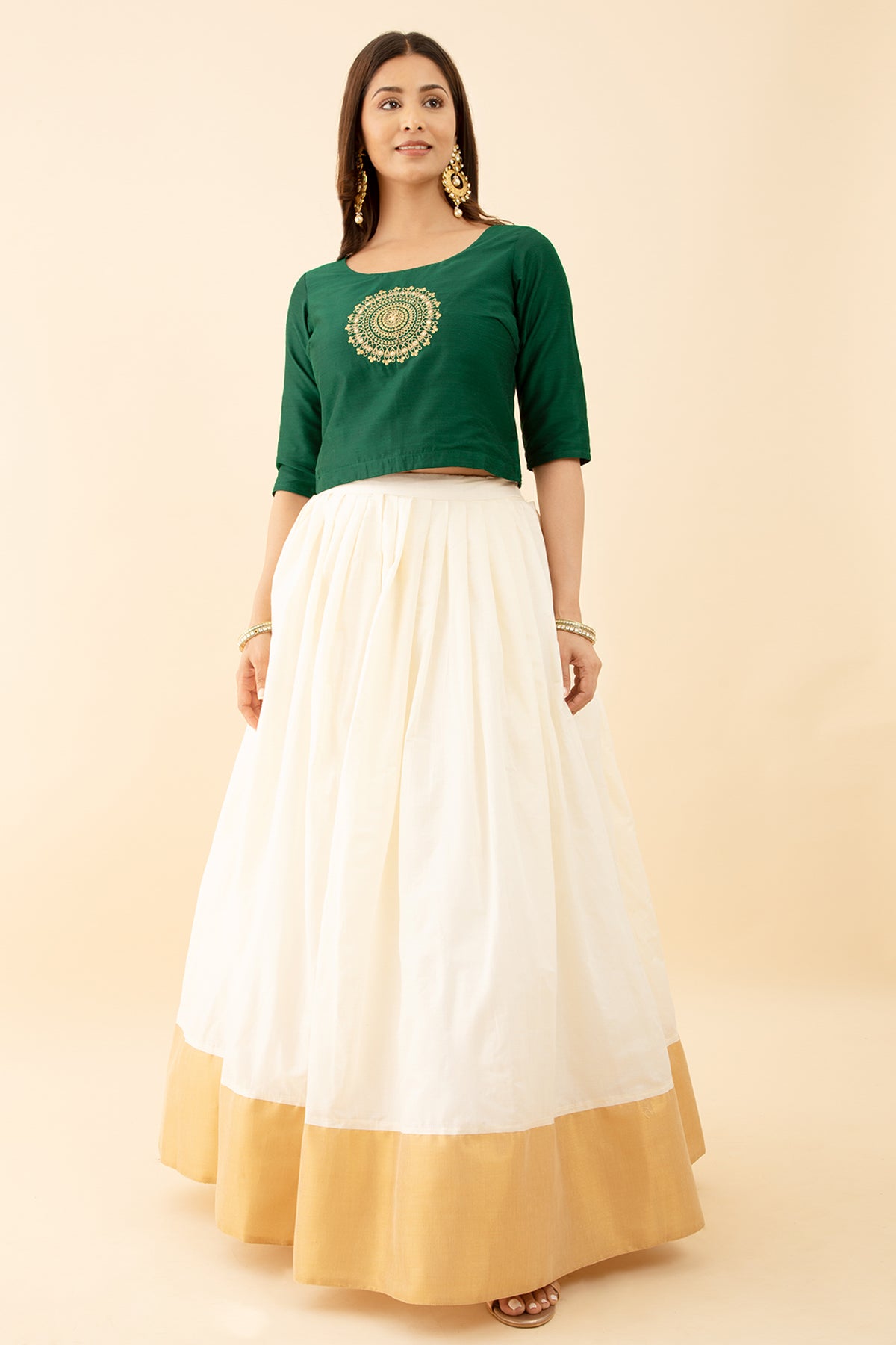 Trendy Off White Green Skirt Set with Mandala Embroidery