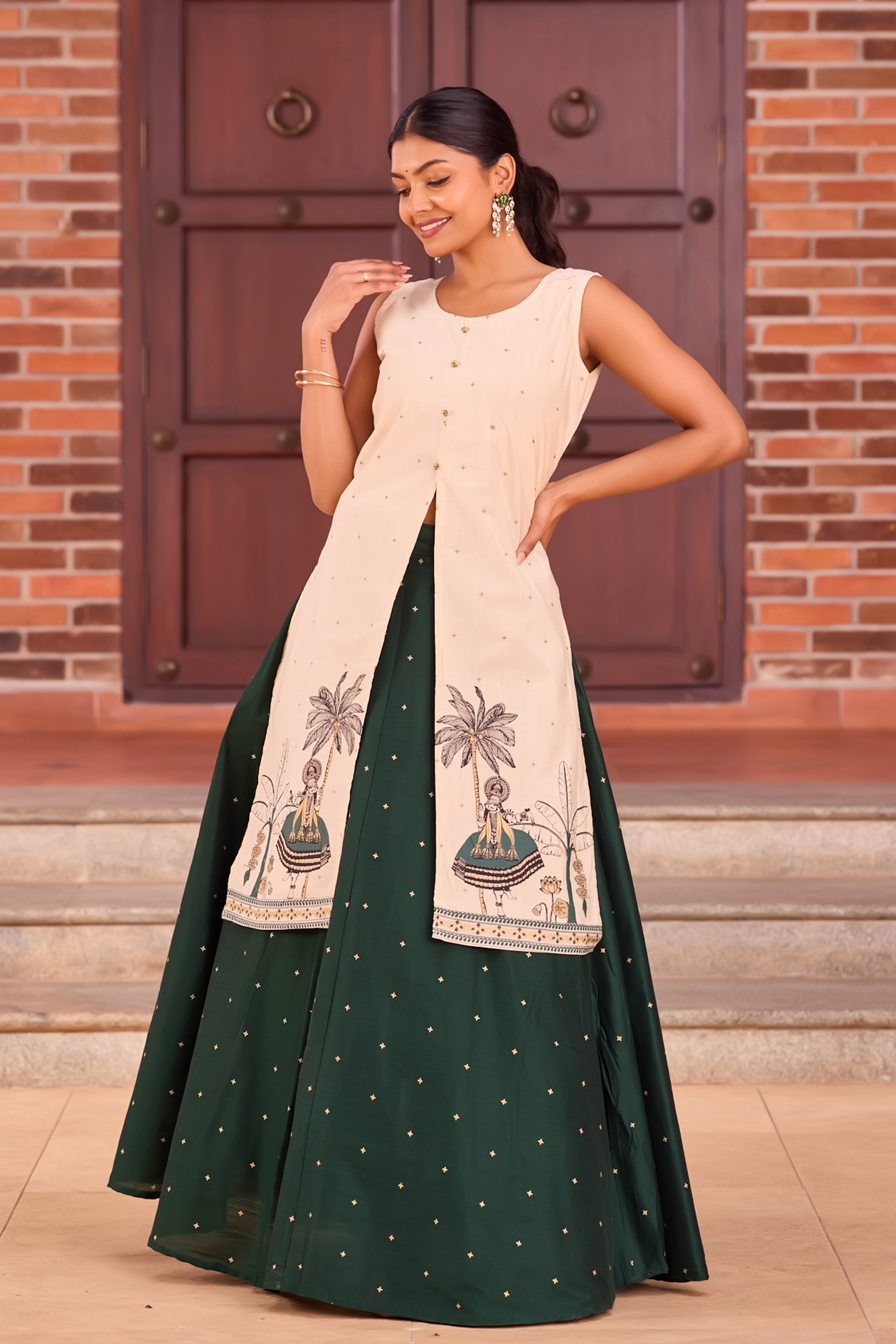 Off-White Printed Knee-Length Slited Top & Bottle Green Skirt Set