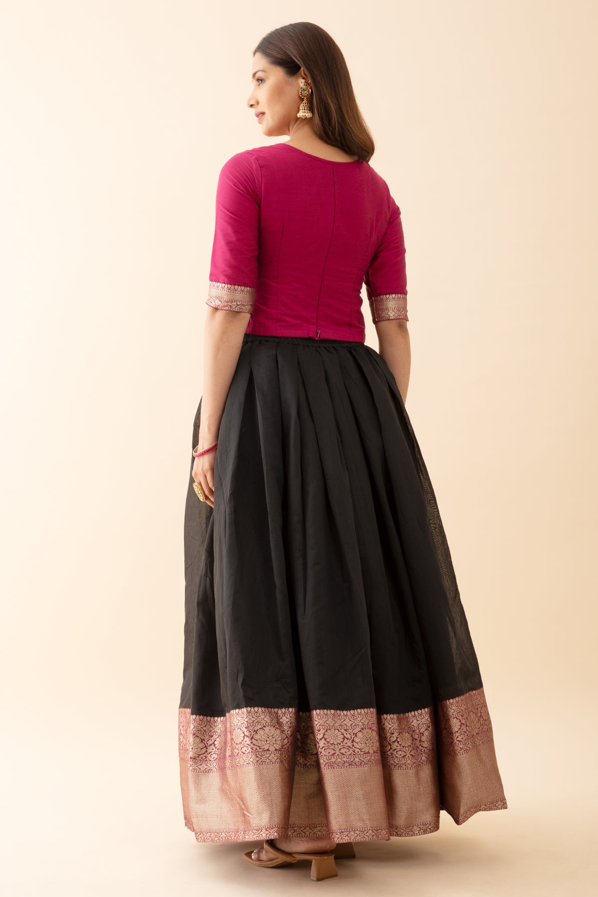 Ethnic Motif Embroidered Top with Zari Border Skirtset Pink Black