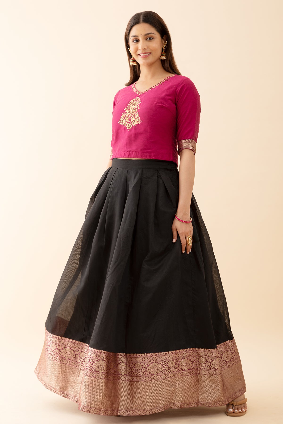 Ethnic Motif Embroidered Top with Zari Border Skirtset Pink Black