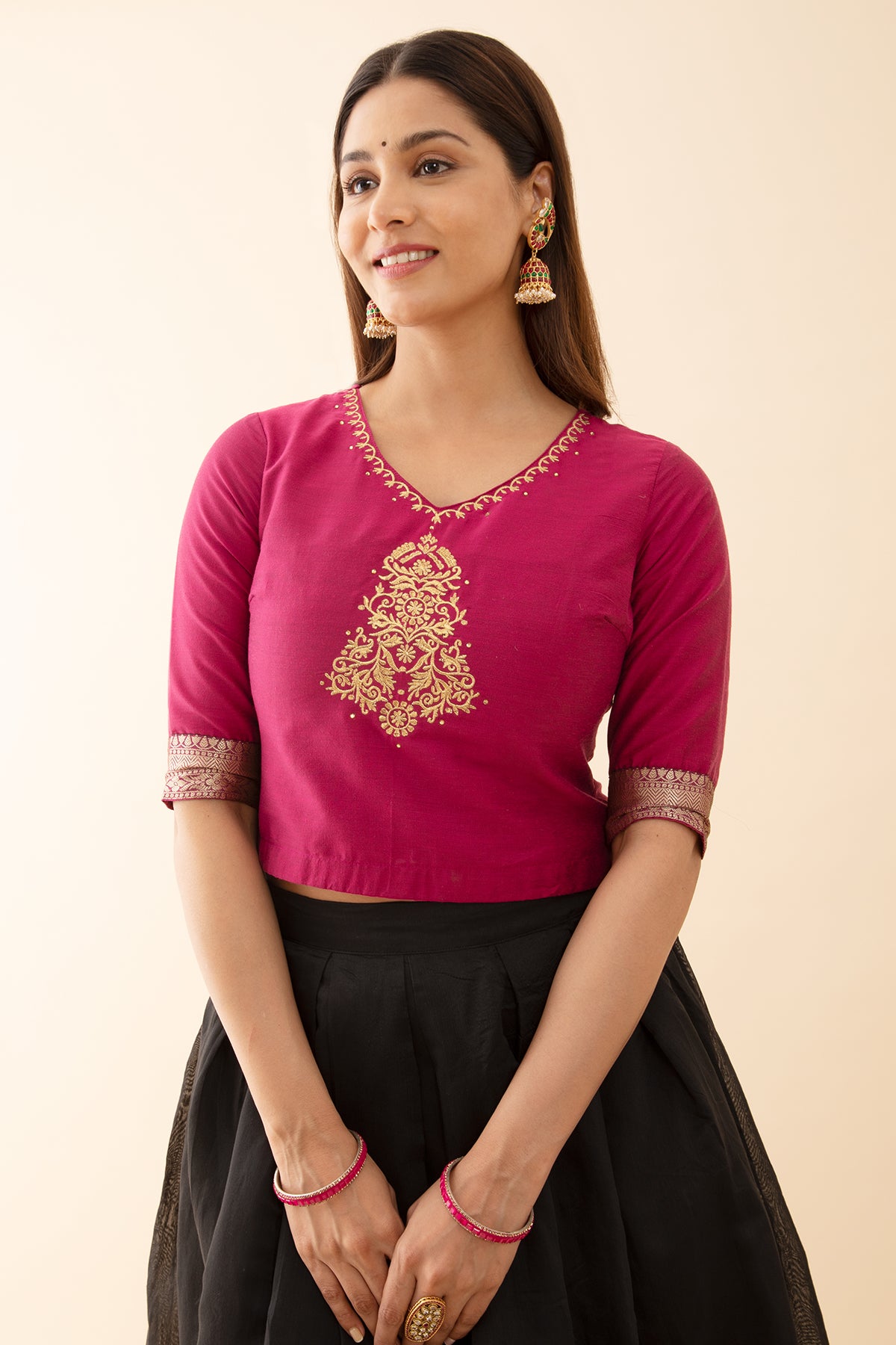 Ethnic Motif Embroidered Top with Zari Border Skirtset Pink Black