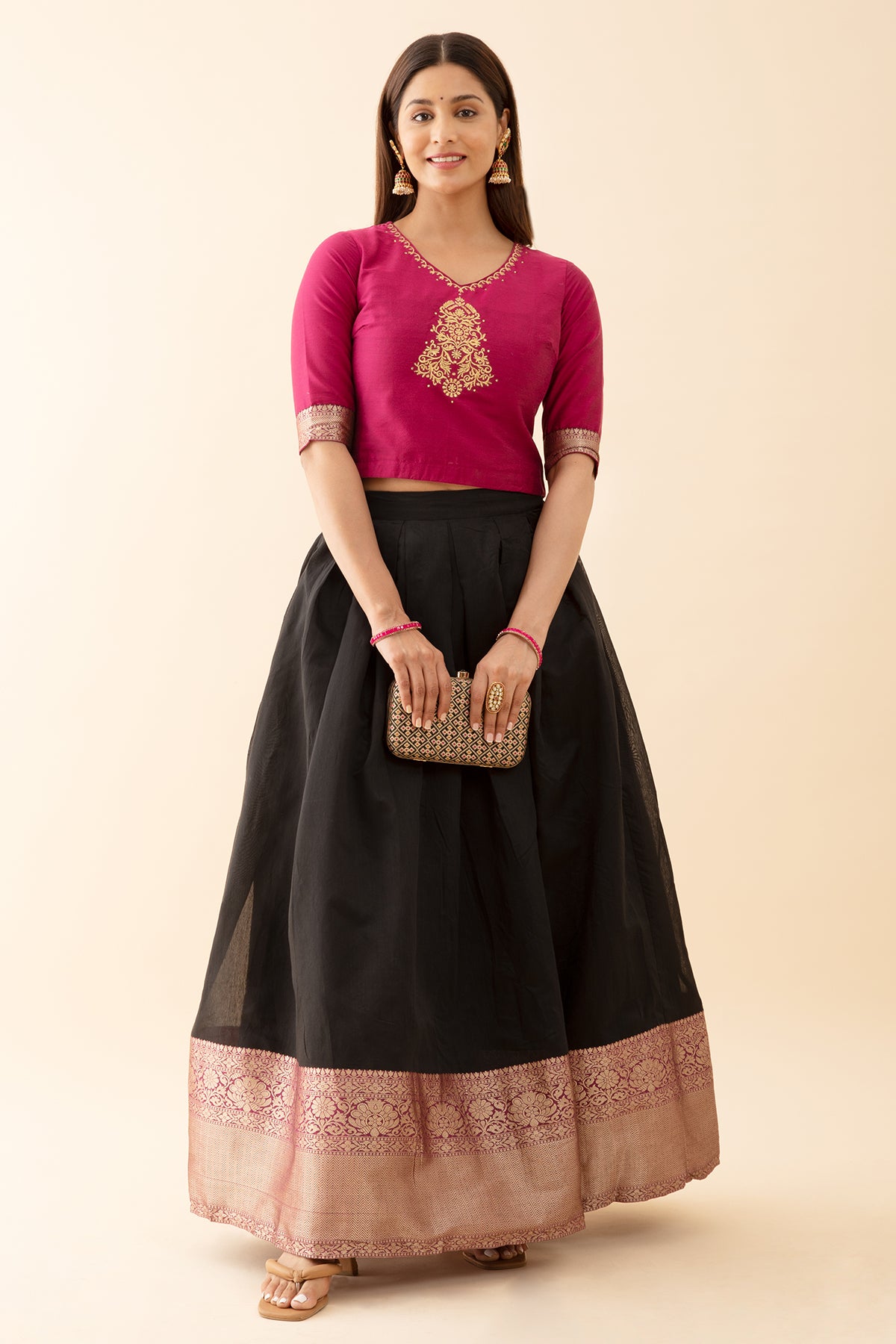 Ethnic Motif Embroidered Top with Zari Border Skirtset Pink Black