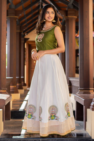 Kathakali Motif Placement Embroidered Crop Top Printed Skirt Set Green Off White
