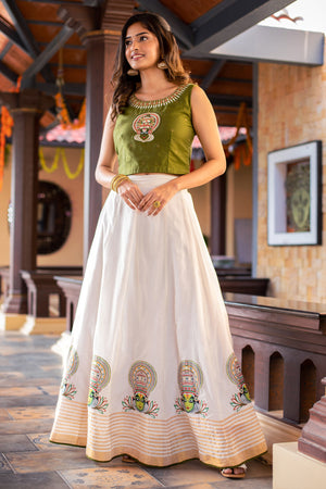 Kathakali Motif Placement Embroidered Crop Top Printed Skirt Set Green Off White
