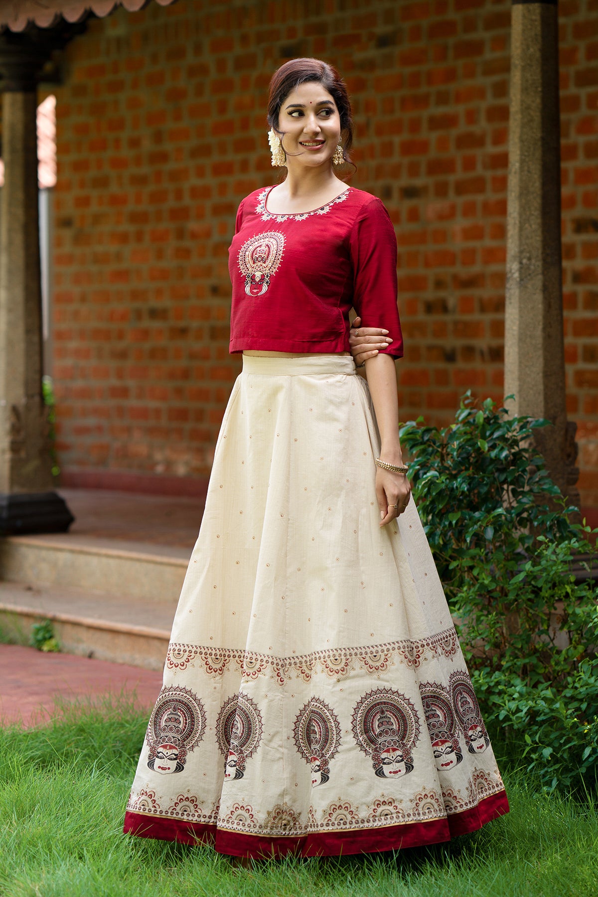 Kathakali Embroidered Skirt Set - Red & Off-White
