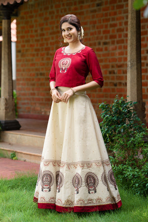 Kathakali Embroidered Skirt Set - Red & Off-White