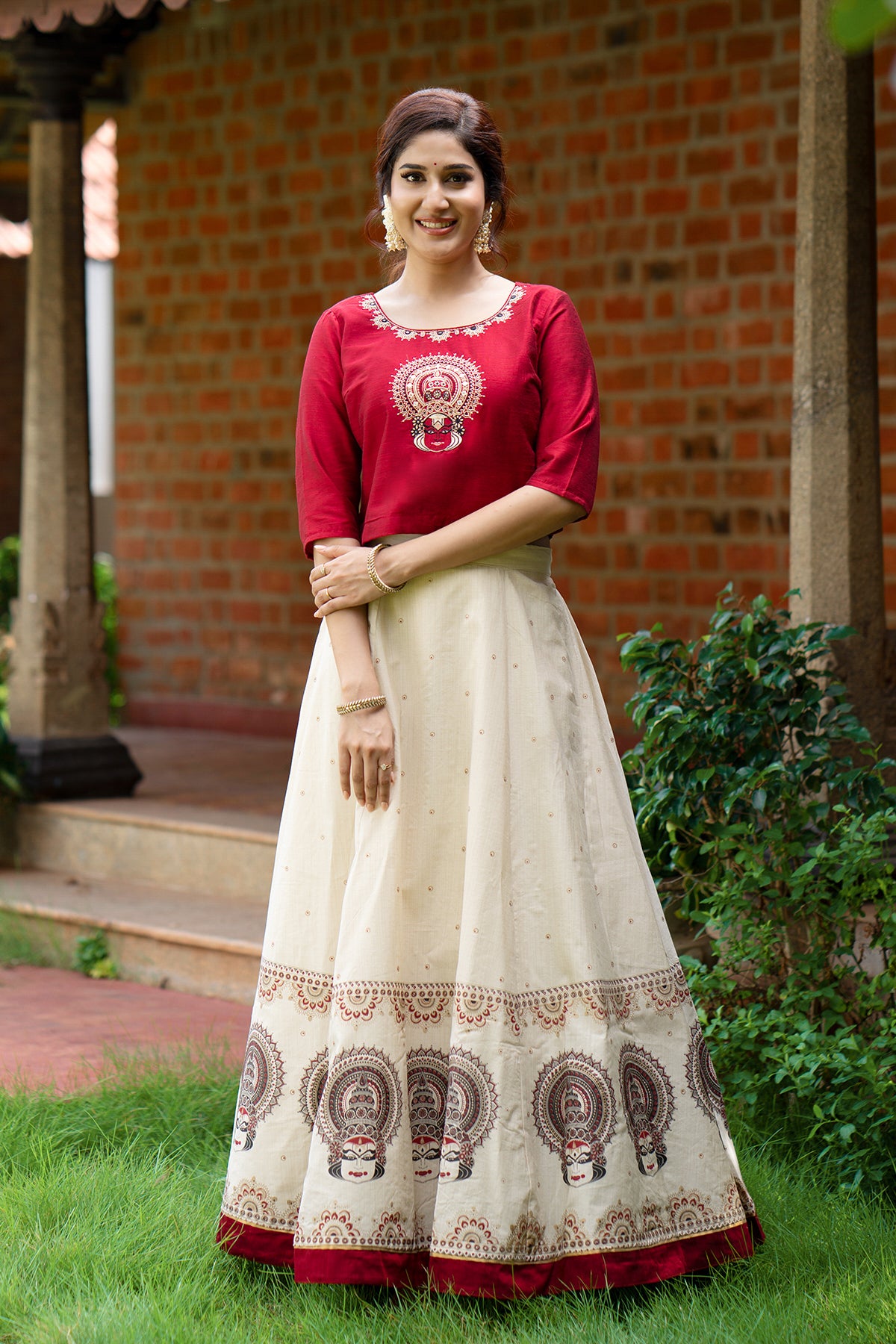 Kathakali Embroidered Skirt Set - Red & Off-White