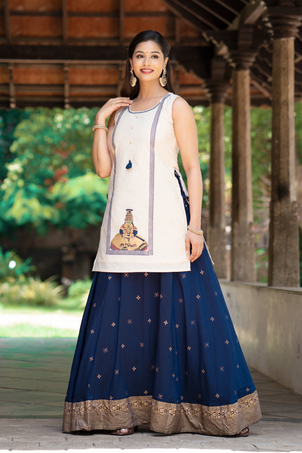 Kathakali Printed Skirtset with Side Tie-up - Off-White & Blue
