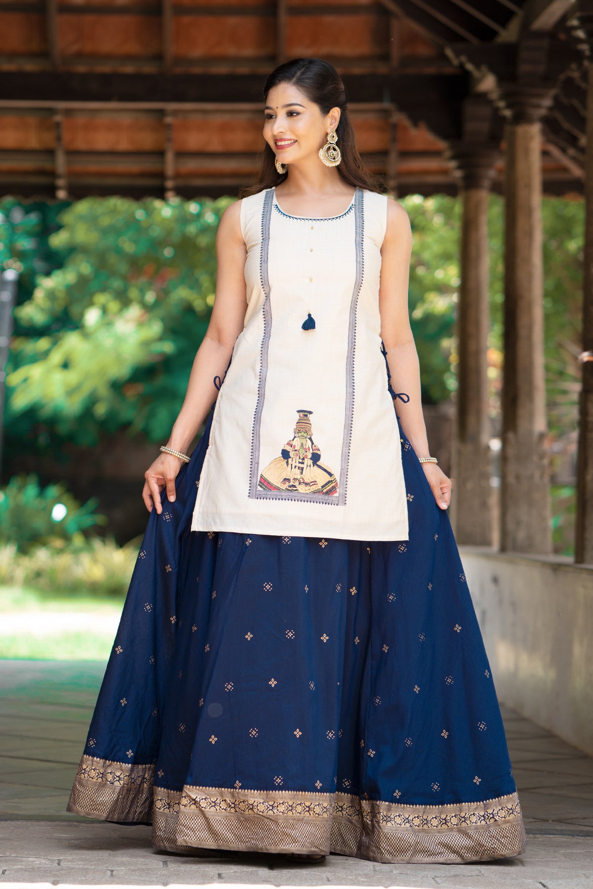 Kathakali Printed Skirtset with Side Tie-up - Off-White & Blue
