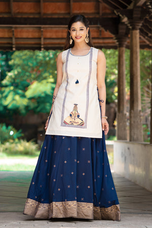 Kathakali Printed Skirtset with Side Tie-up - Off-White & Blue