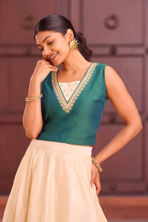 Bottle Green Crop Top with Muthukuda Design on Back- Off-White Skirt Set