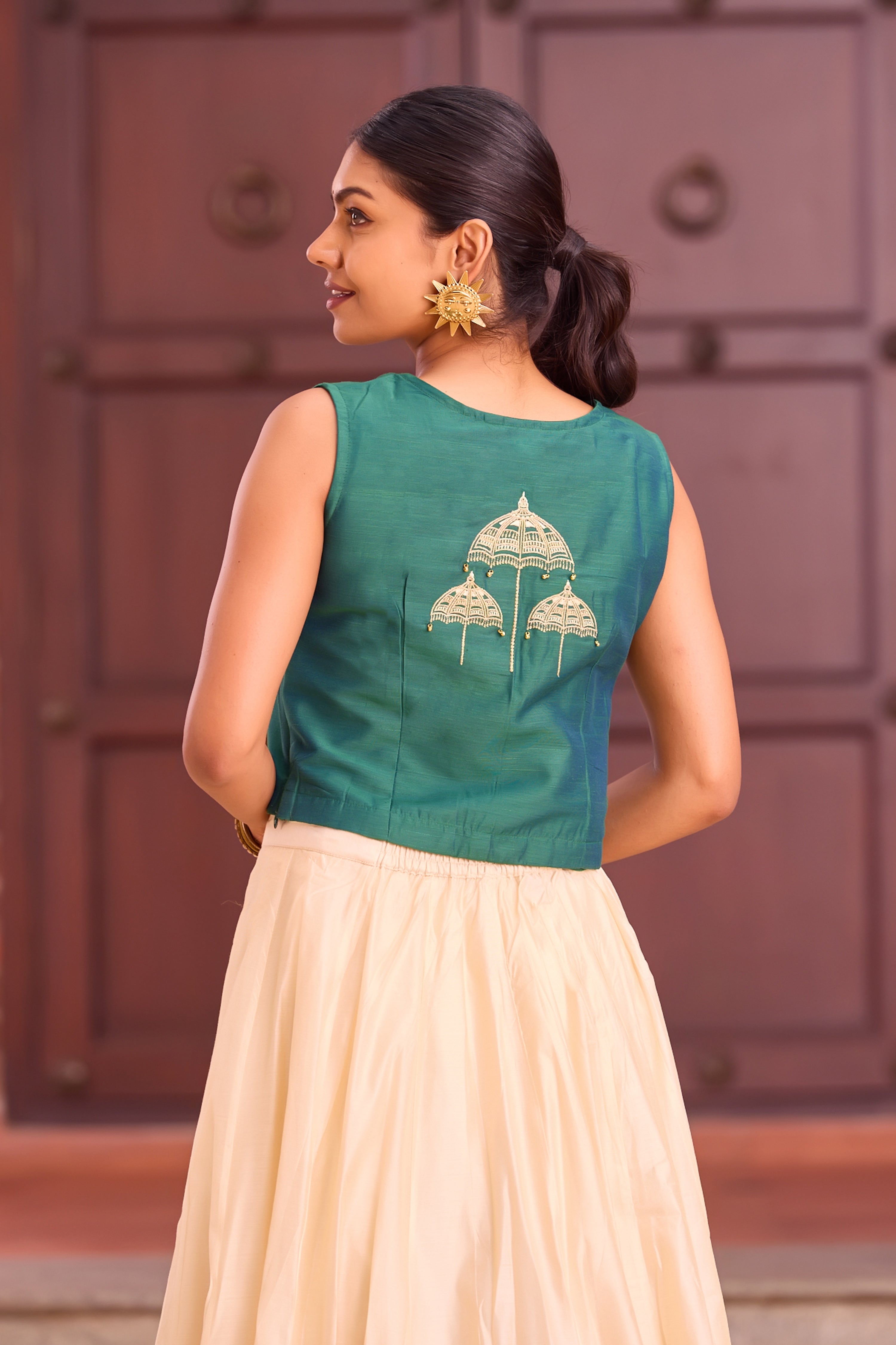 Bottle Green Crop Top with Muthukuda Design on Back- Off-White Skirt Set