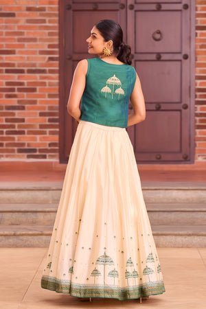 Bottle Green Crop Top with Muthukuda Design on Back- Off-White Skirt Set