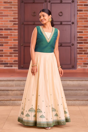Bottle Green Crop Top with Muthukuda Design on Back- Off-White Skirt Set