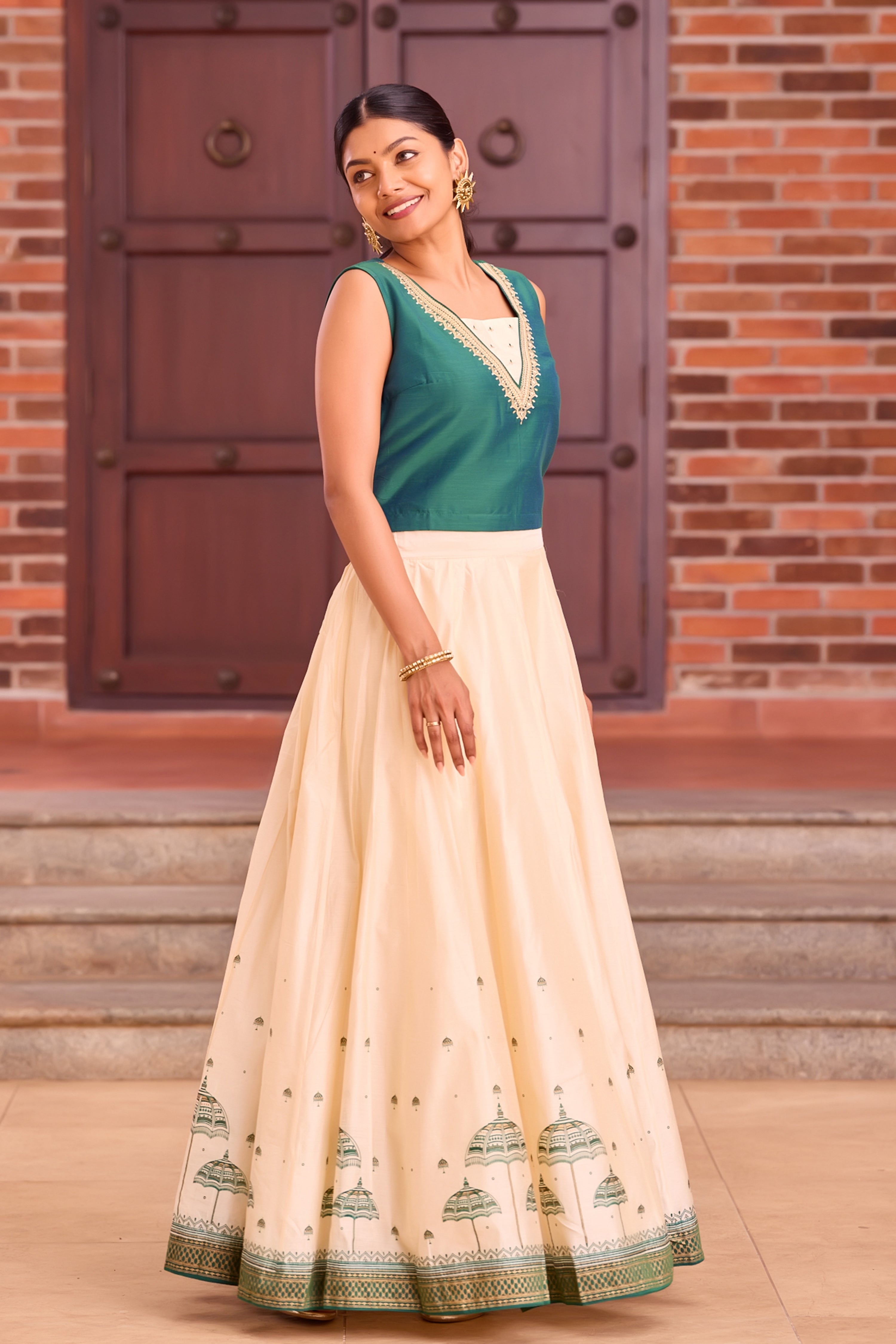Bottle Green Crop Top with Muthukuda Design on Back- Off-White Skirt Set