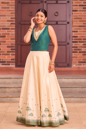 Bottle Green Crop Top with Muthukuda Design on Back- Off-White Skirt Set