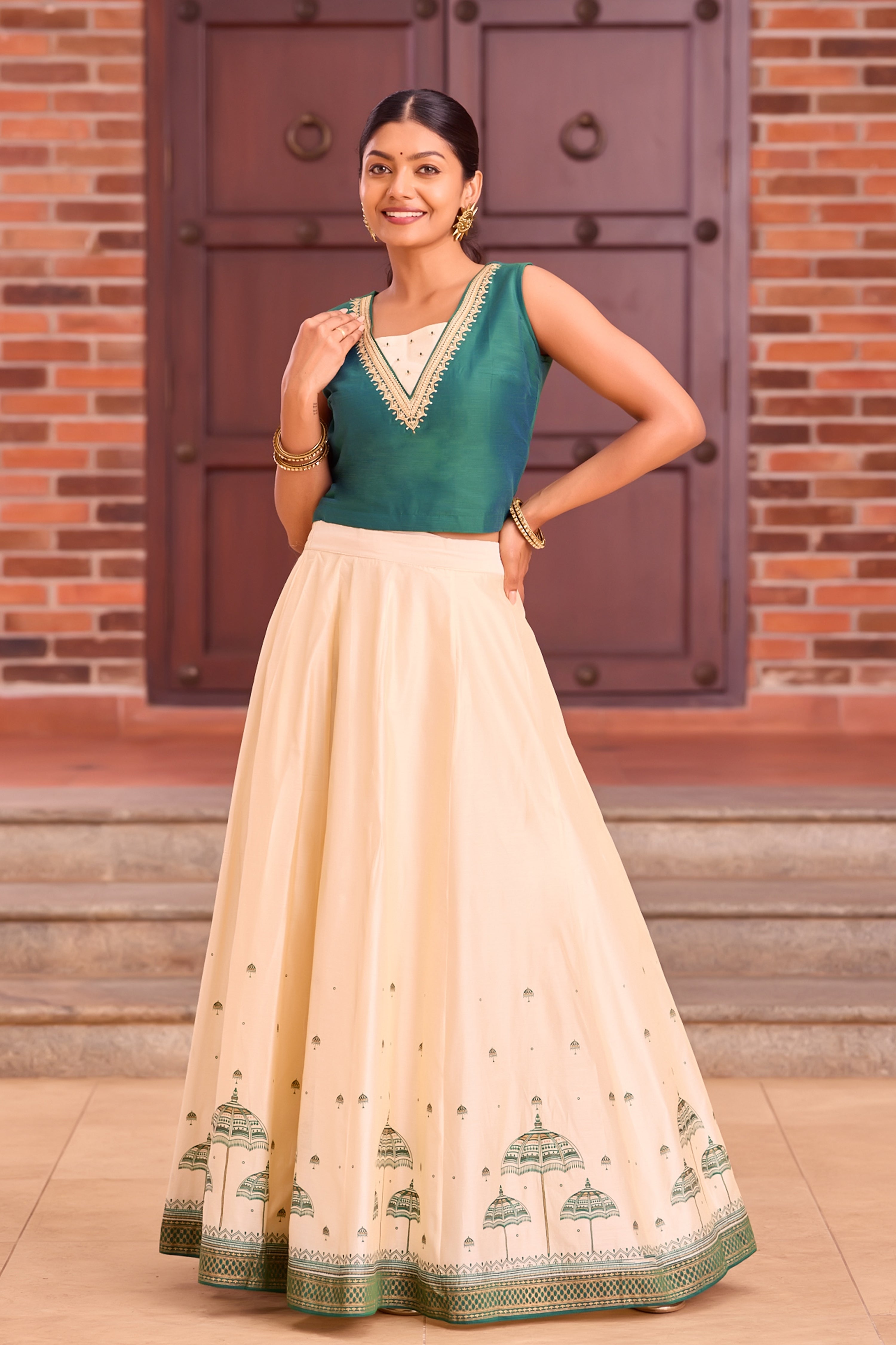 Bottle Green Crop Top with Muthukuda Design on Back- Off-White Skirt Set