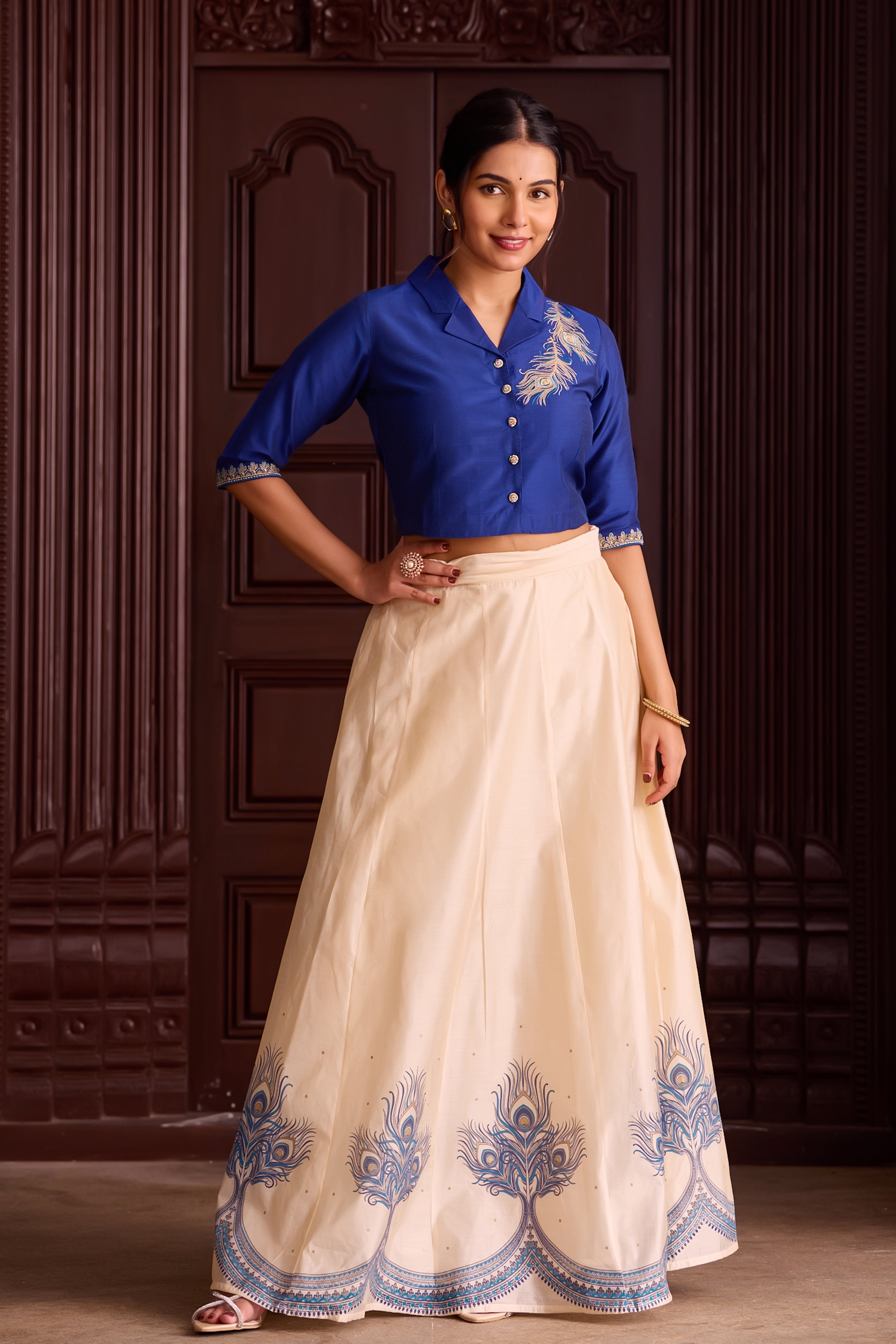 Royal Blue Embroidered Crop Top with Off-White Printed Skirt