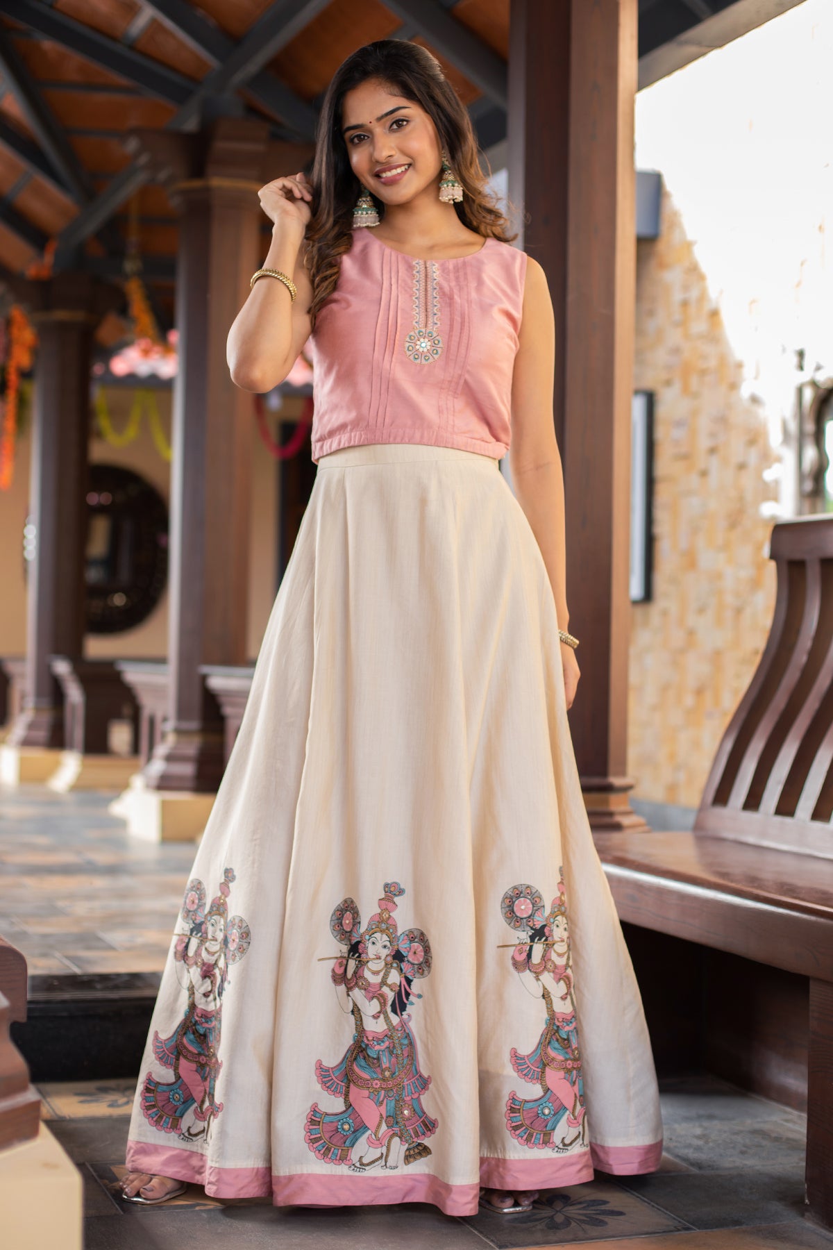 Geometric Motif Placement Embroidered With Pin Tuck Crop Top Mural Printed Skirt Set Pink Off White
