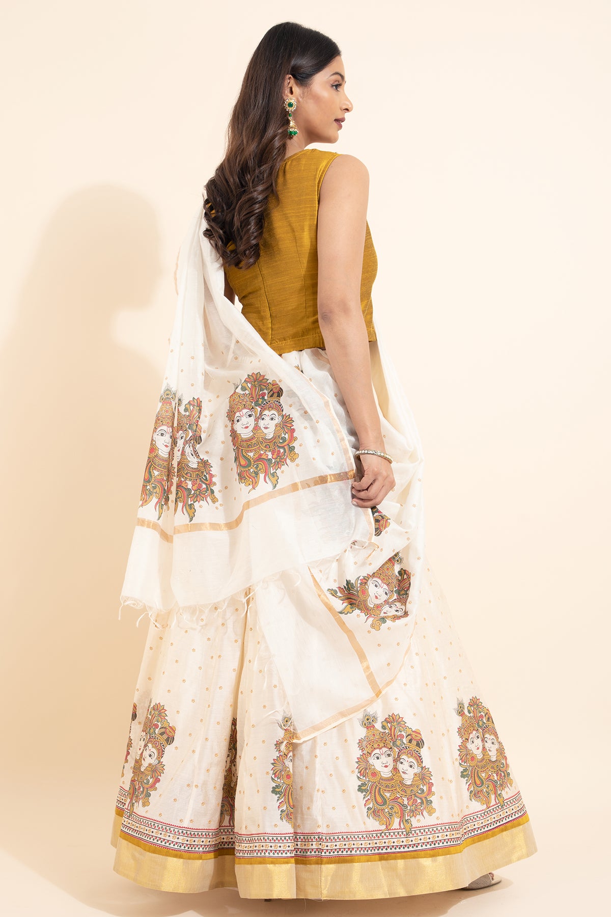 Krishna Mural Printed Skirt set with Dupatta - Mustard & Off-White