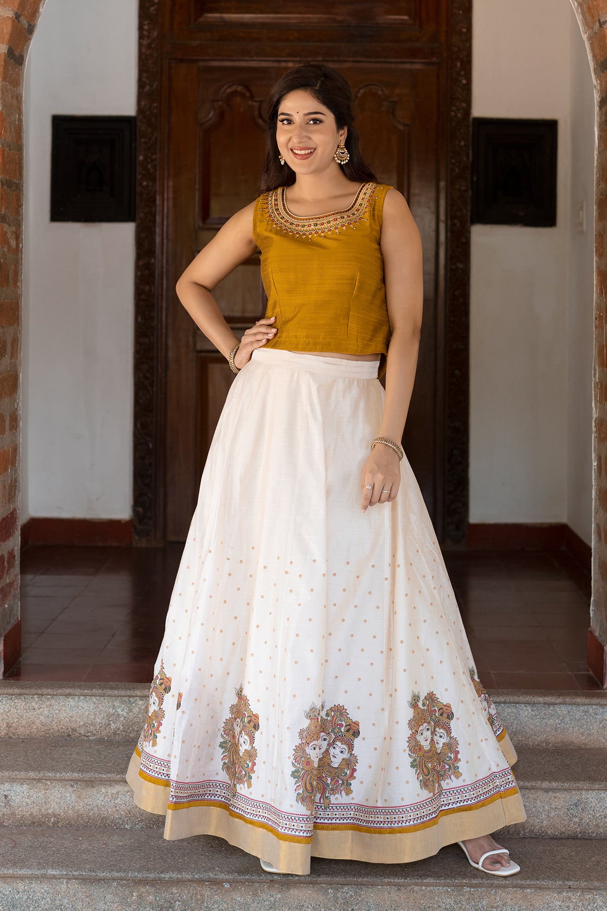 Krishna Mural Printed & Embroidered Skirt set - Mustard & Off-White
