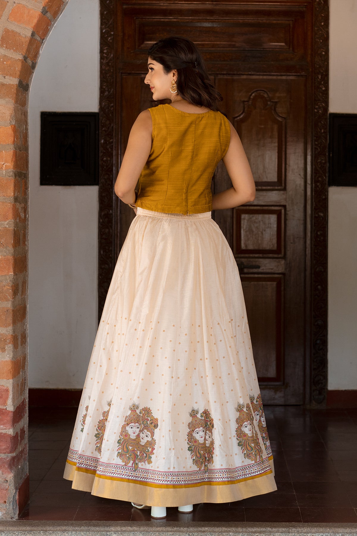 Krishna Mural Printed & Embroidered Skirt set - Mustard & Off-White
