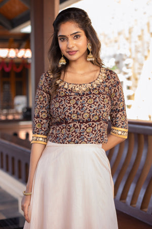 Kalamkari With Floral Embroidered Crop Top Solid Skirt Set Brown Off White
