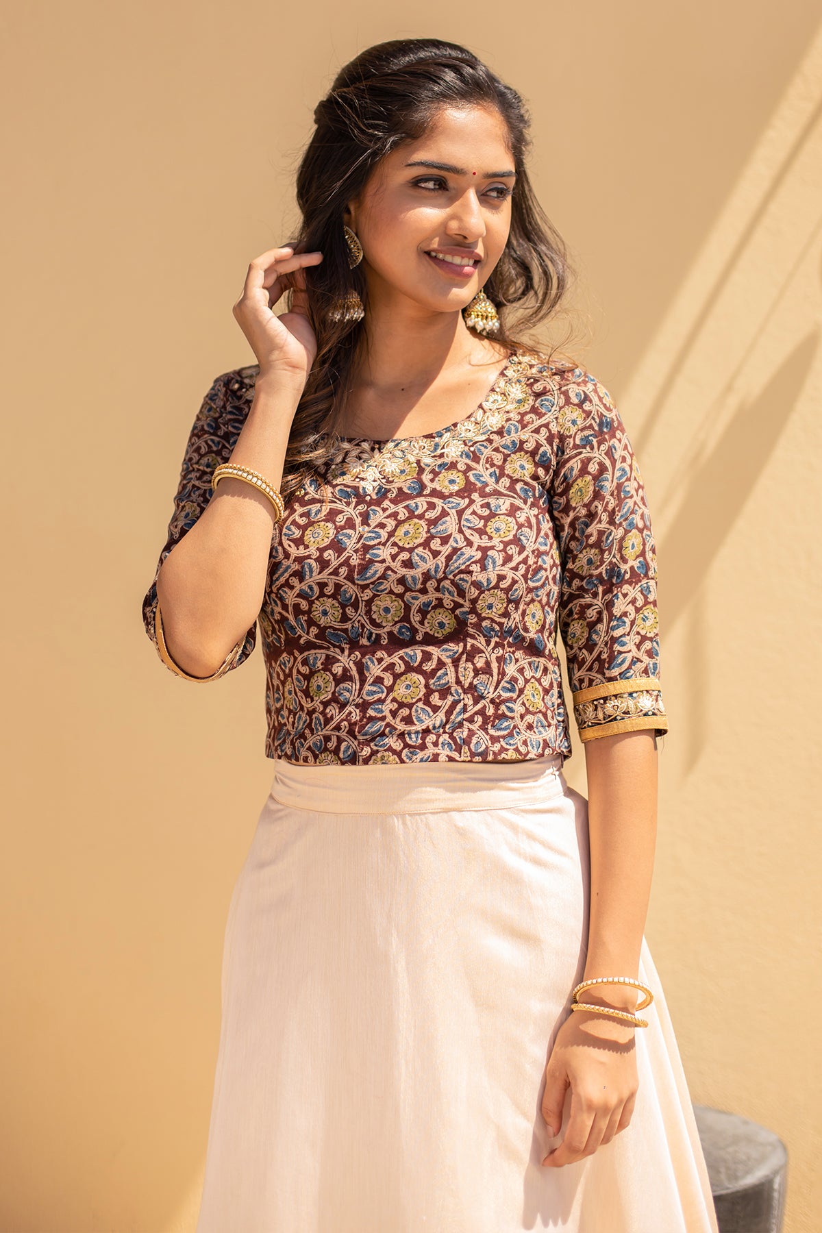 Kalamkari With Floral Embroidered Crop Top Solid Skirt Set Brown Off White
