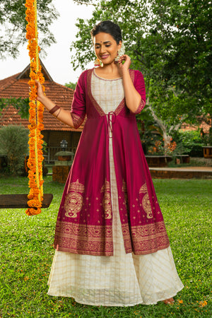 Kathakali Printed Layered SKirtset with Jacket - Off-White & Magenta