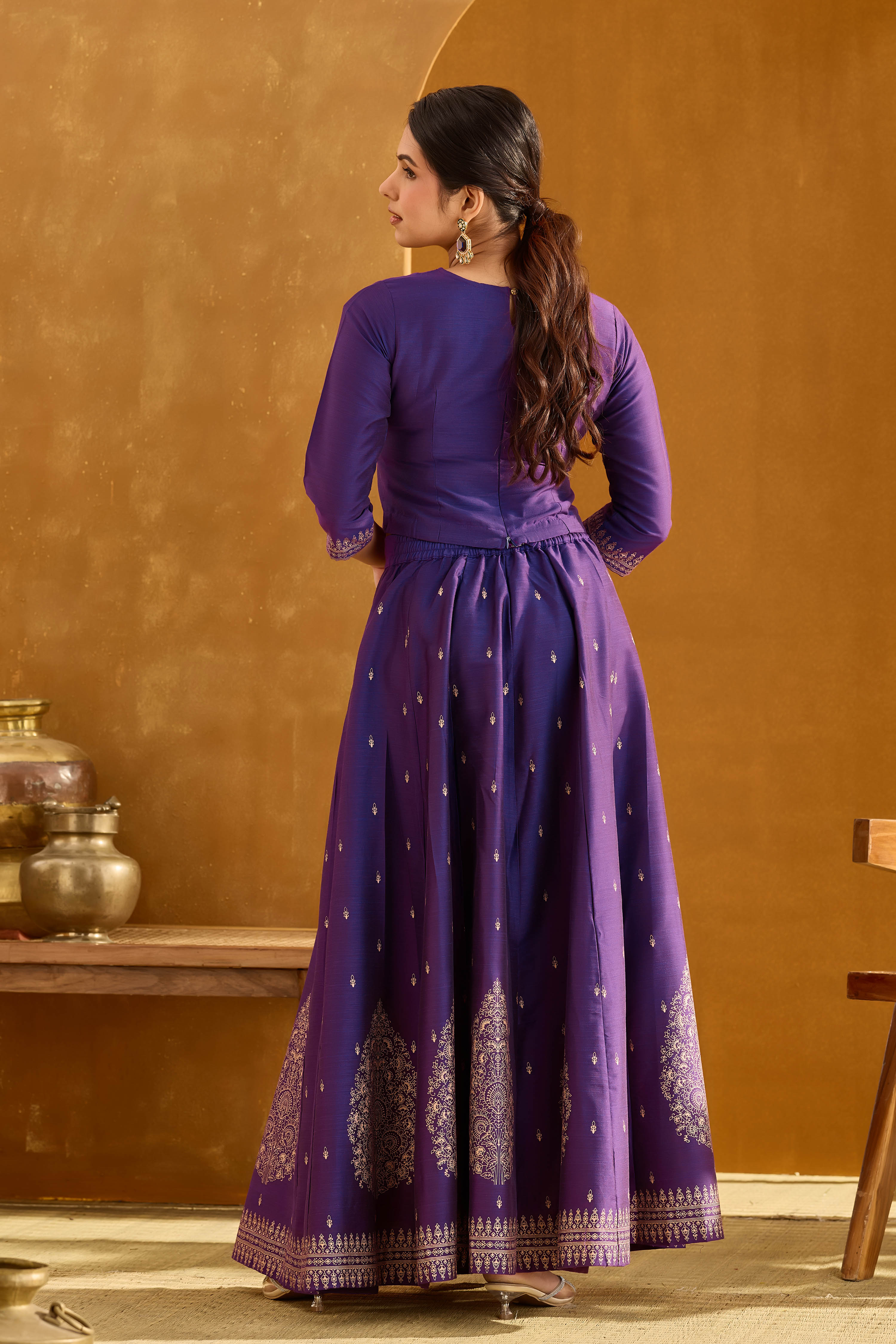 Purple Skirt Set with Brocade Yoke & Golden Embroidery Maybell Womens Fashion Purple Skirt Set with Brocade Yoke & Golden Embroidery Maybell Womens Fashion