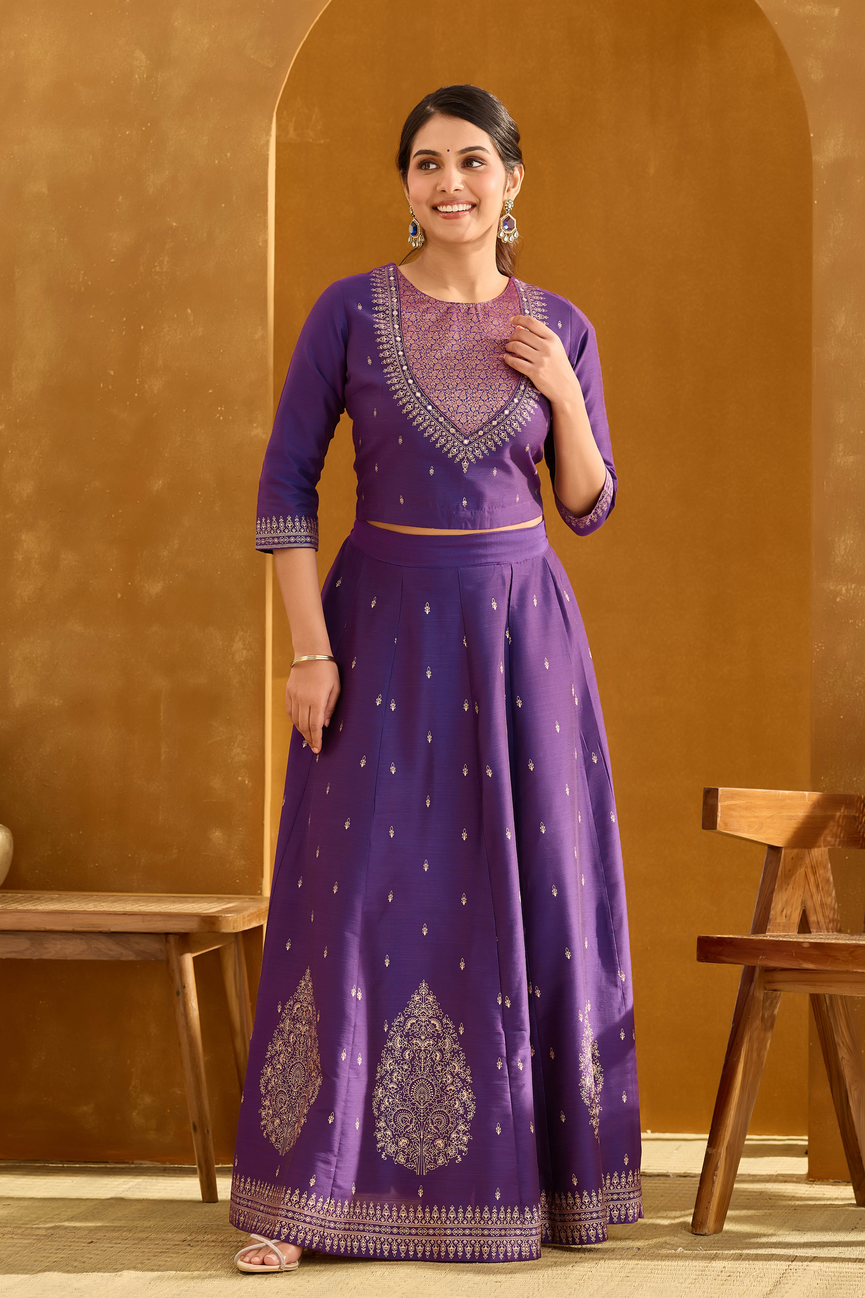 Purple Skirt Set with Brocade Yoke & Golden Embroidery – Maybell