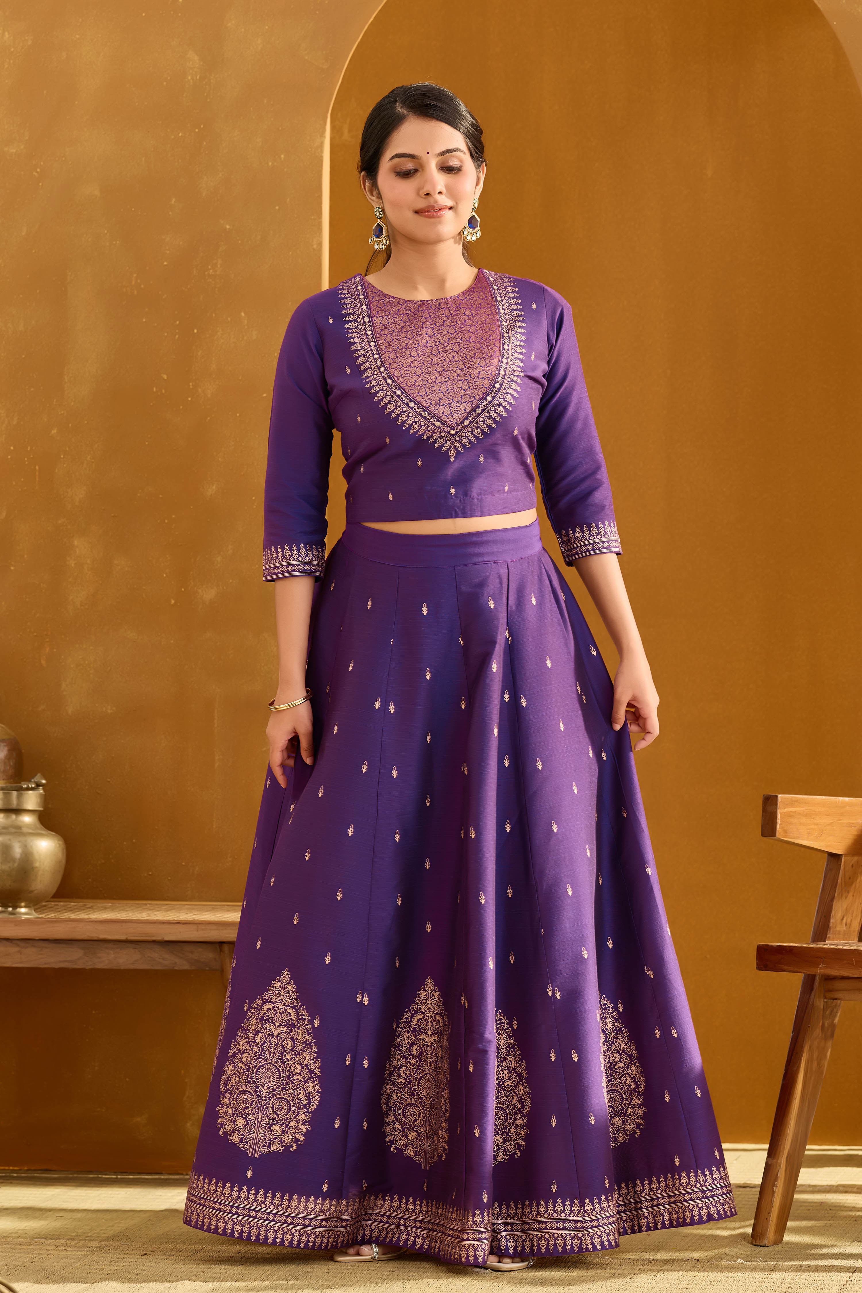 Purple Skirt Set with Brocade Yoke & Golden Embroidery – Maybell