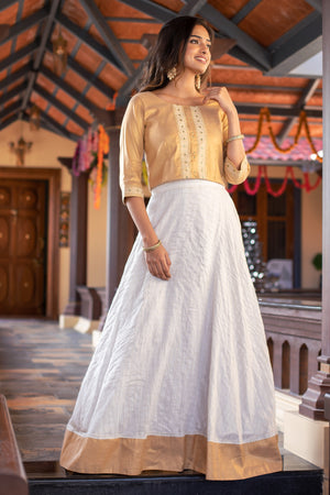 Floral Motif Embroidered With Sequin Crop Top Vallam Kali Printed Skirt Set Gold Off White
